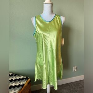 Vintage Jenny Buchanan Neon Green Slip Dress Size L with Blue Binding